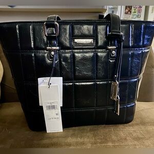Calvin Klein Black Tote Shoulder Bag Large Faux Leather Top Handles Quilted